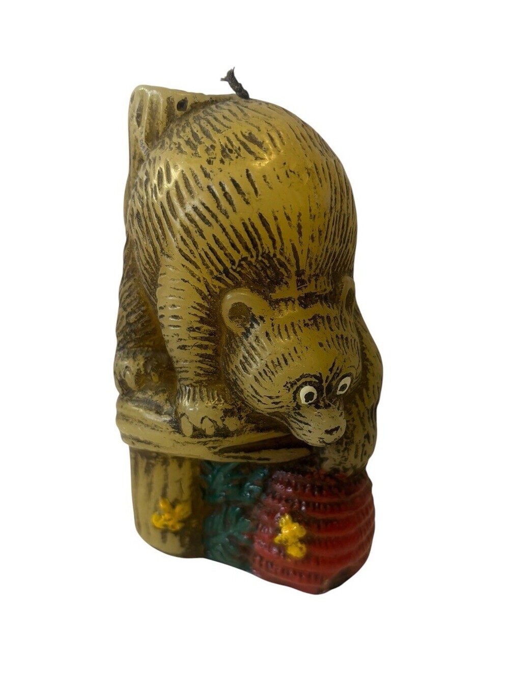 Vtg 5” Silly Bear on Log Stealing Honey Candle Cabin Decor By Animal Antics